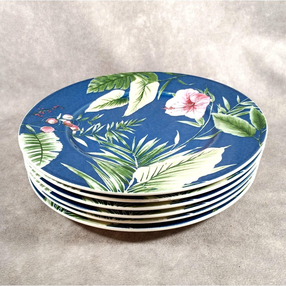 Vintage Mikasa Tropical Garden Blue Floral Salad Plates Pink Hibiscus Tropical‎